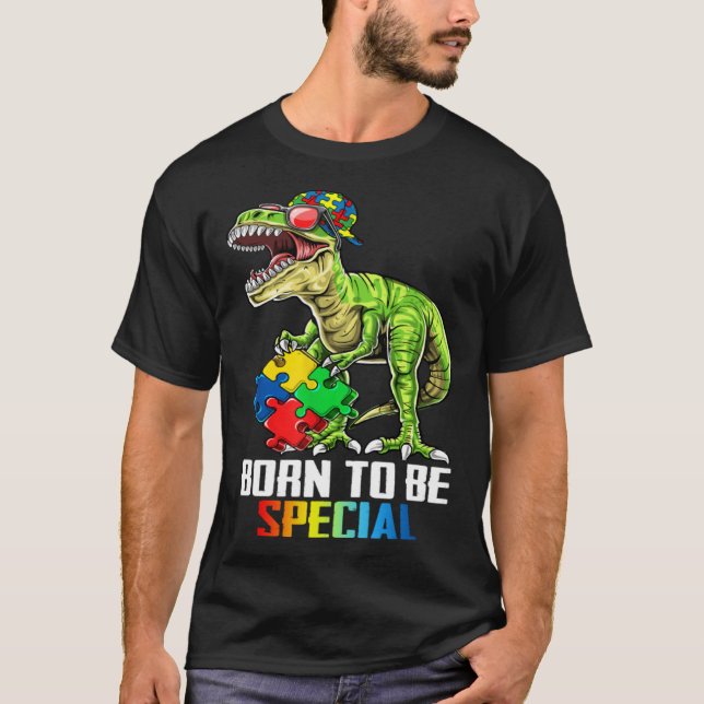 T-shirt Born Special Trex Puzzle Dino Boys Autism Awarenes (Devant)