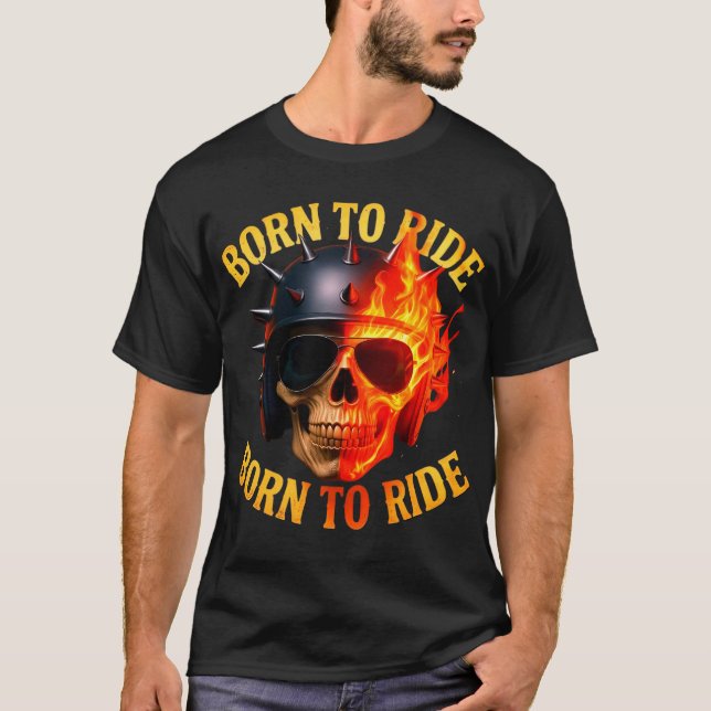 T-shirt Born to Ride Flaming Skull Helmet (Devant)