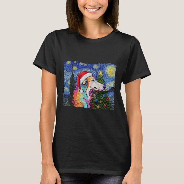 T-shirt Borzoi Santa Chapeau Noël Stress Night Chien Art P (Devant)