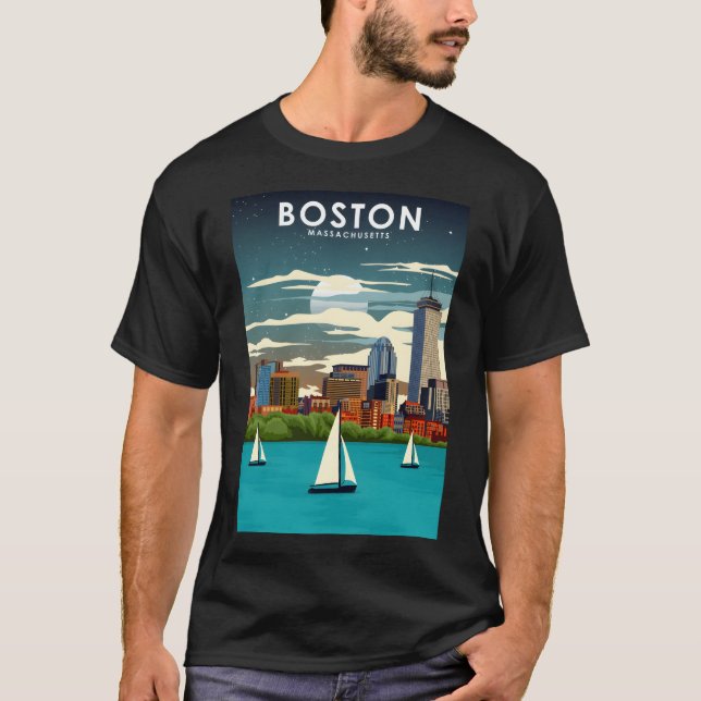 T-shirt Boston at Night City Skyline Travel Poster (Devant)