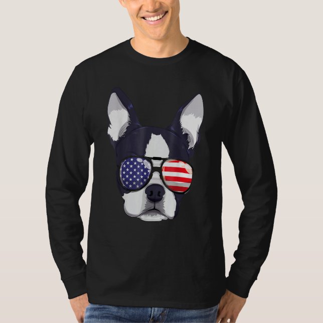 T-shirt Boston Terrier 4th Of July American Sunglass Boys  (Devant)
