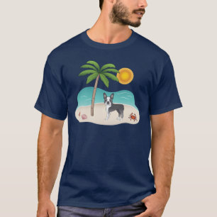 T-shirt Boston Terrier Bleu sur une Plage Tropicale d'Été