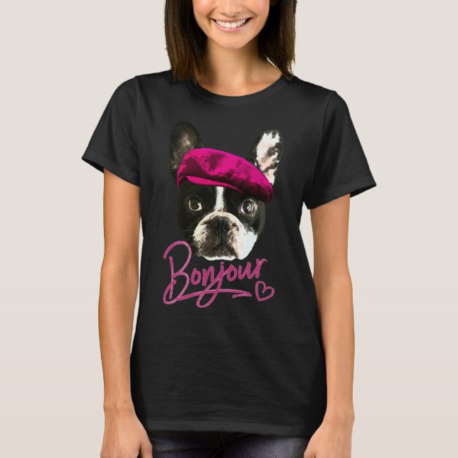 T-shirt Boston Terrier Bonjour Coeur rose Français (Devant)