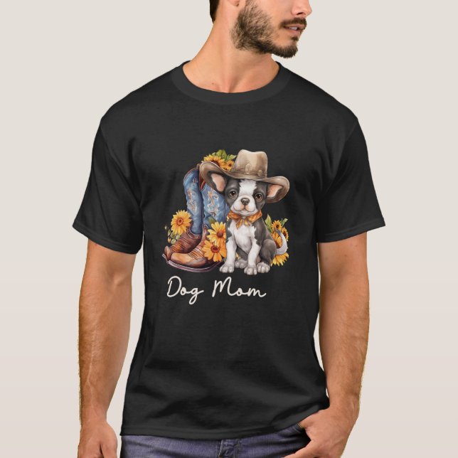 T-shirt Boston Terrier Chien bottes de fille Cowboy casque (Devant)