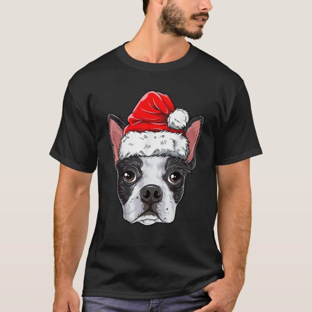 T-shirt Boston Terrier Chien de Noël Santa Hat Xmas Boys K (Devant)
