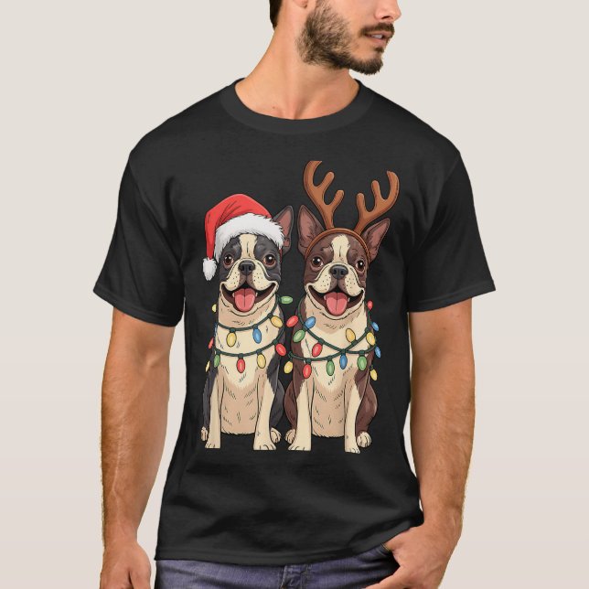 T-shirt Boston Terrier Christmas Santa Hat Reindeer Lights (Devant)