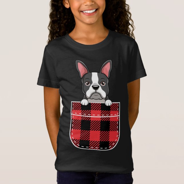 T-Shirt Boston Terrier Dog In Buffalo Plaid Pocket (Devant)