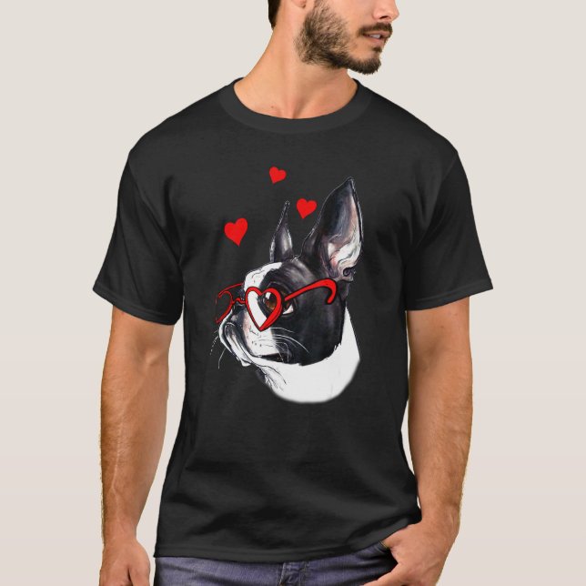 T-shirt Boston Terrier Heart Lunettes de soleil Valentines (Devant)
