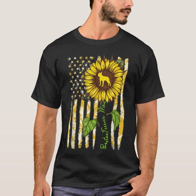 T-shirt Boston Terrier Maman Sunflower American Drapeau Ch (Devant)