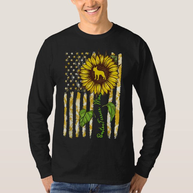 T-shirt Boston Terrier Maman Sunflower American Drapeau Ch (Devant)