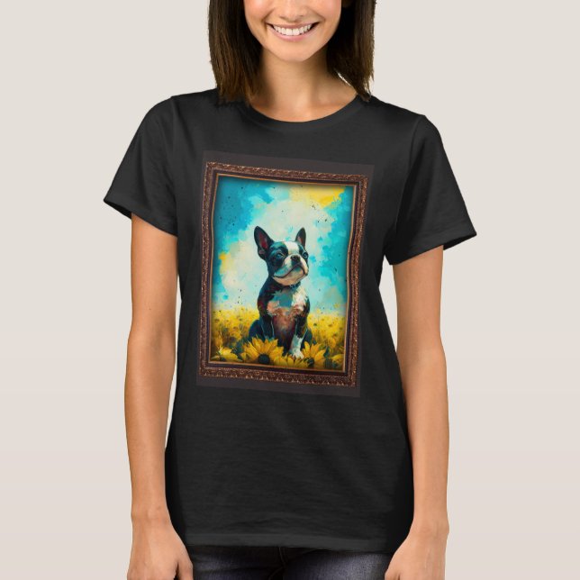 T-shirt Boston Terrier Painting Sunflower Flower Mom Women (Devant)