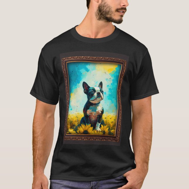 T-shirt Boston Terrier Painting Sunflower Flower Mom Women (Devant)