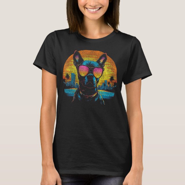 T-shirt Boston Terrier Portant des lunettes de soleil Vint (Devant)