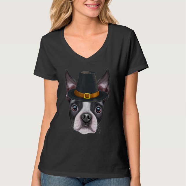 T-shirt Boston Terrier portant le pèlerin Casquette Thanks (Devant)