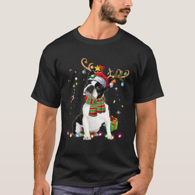 T-shirt Boston Terrier Reindder Santa Hat Christmas Tree L (Devant)