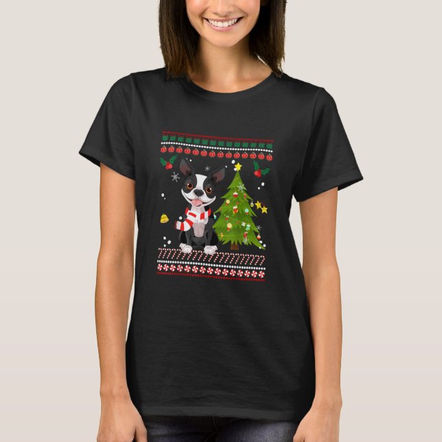 T-shirt Boston Terrier Reindeer Noël 2020 Arbre Noël Noël (Devant)