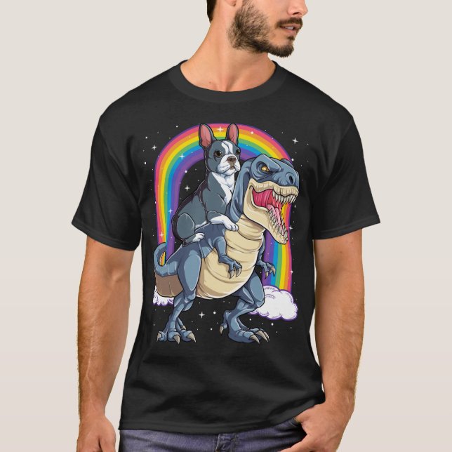 T-shirt Boston Terrier Riding Dinosaur T rex (Devant)