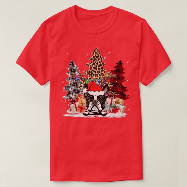 T-shirt Boston Terrier Santa Hat Light Buffalo Plaid Leopa (Design devant)