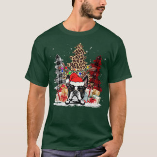 T-shirt Boston Terrier Santa Hat Light Buffalo Plaid Leopa