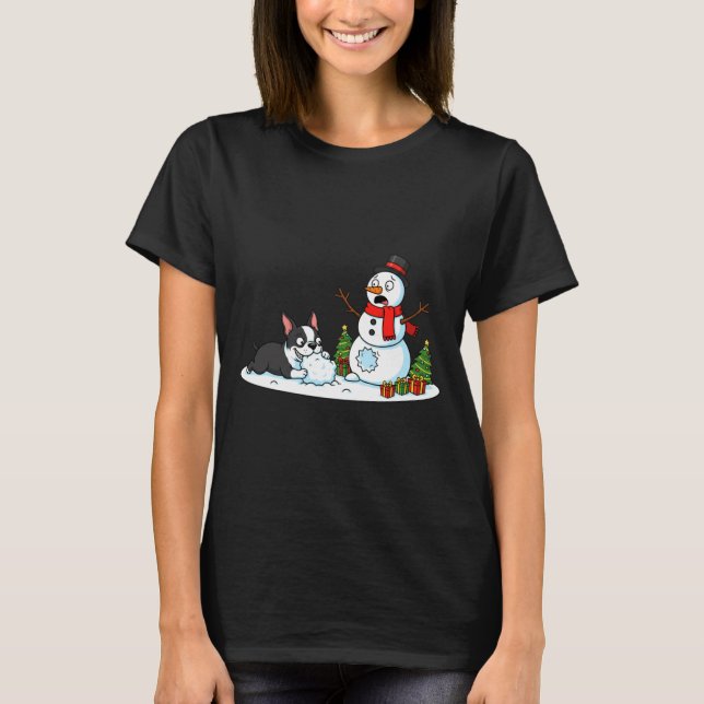 T-shirt Boston Terrier Snowman Christmas Tree Xmas Womens  (Devant)