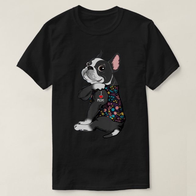 T-shirt Boston Terrier Tattoo J'aime maman Fleur Pitbull D (Design devant)
