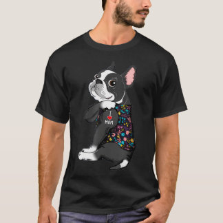 T-shirt Boston Terrier Tattoo J'aime maman Fleur Pitbull D