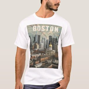 T-shirt Boston, vue panoramique de la ville avec carte