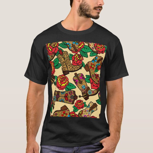 T-shirt Bottes et Roses Cowboy : Design Vintage. (Devant)