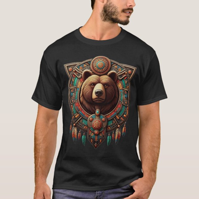 T-shirt Bouclier d'ours dessin aztèque  (Devant)