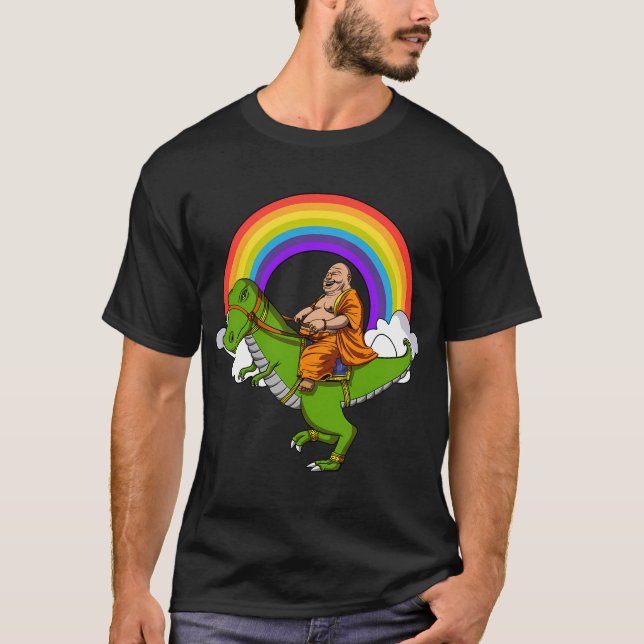 T-shirt Bouddha à cheval sur un dinosaure T-Rex (Devant)