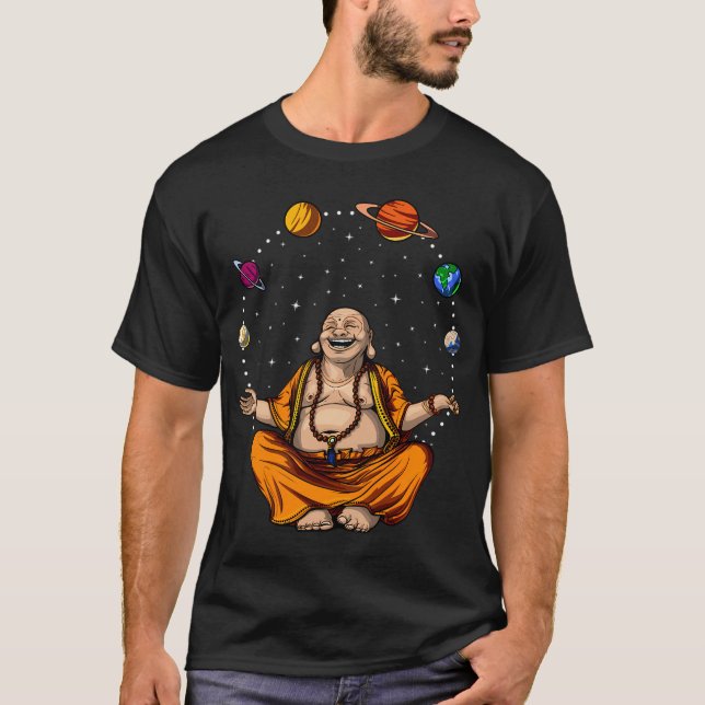 T-shirt Bouddha jonglant avec des planètes spatiales (Devant)