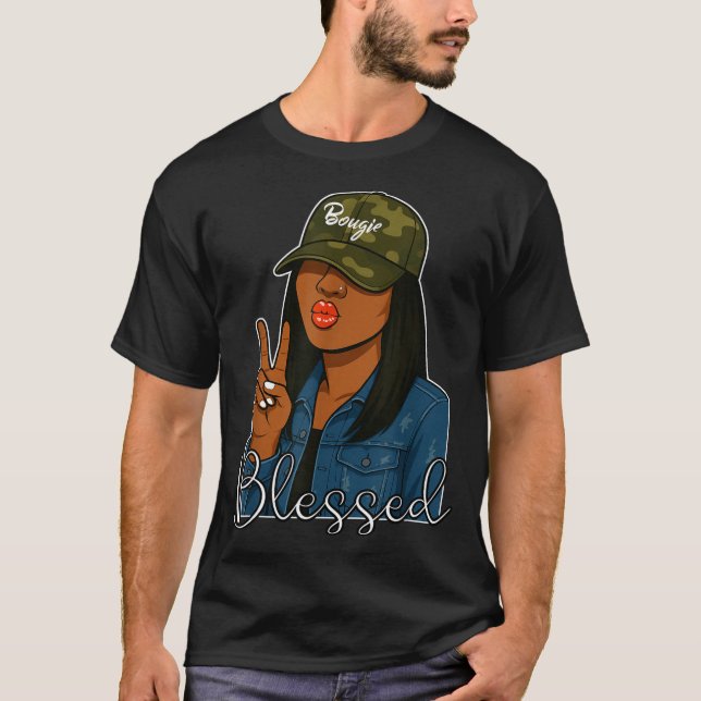 T-shirt Bougie Blessed Camo Hat Christian Black Woman  (Devant)