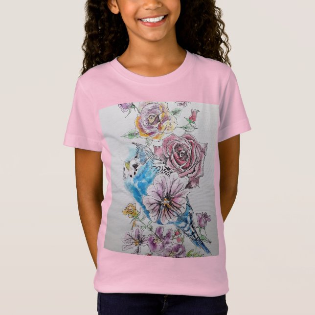 T-Shirt Bougie Bleue & Fleurs Rose Rouge Filles T Chemise (Devant)