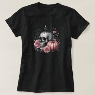 T-shirt Bougie Crâne Goth Pastel avec Roses et Citrouille