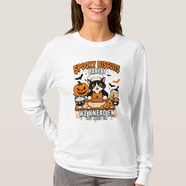 T-shirt Boulangerie de biscuits effrayants Chat noir Hallo (Devant)