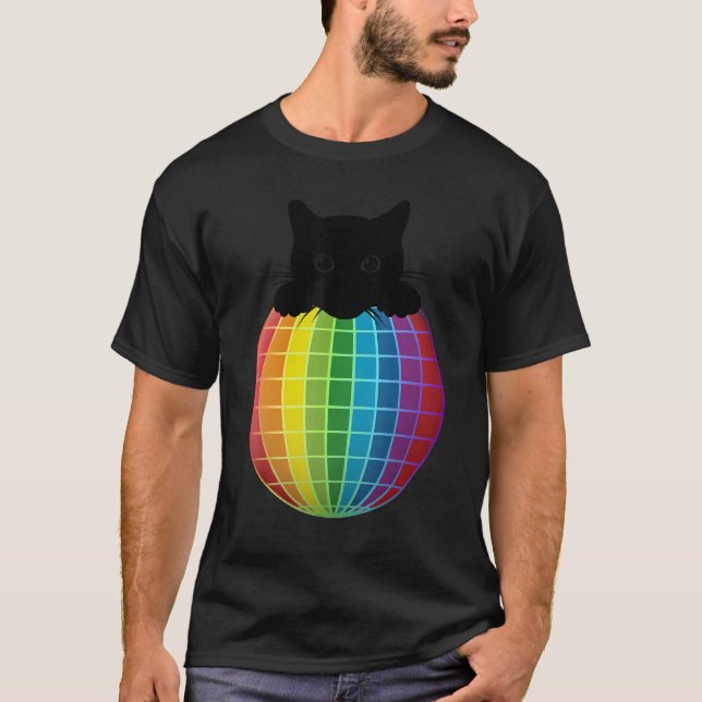 T-shirt Boule Disco esthétique Arc-en-ciel Chat Noir Chat  (Devant)