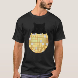 T-shirt Boule Disco Esthétique Argent Chat Noir Jaune Disc