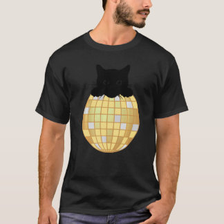 T-shirt Boule Disco Esthétique Argent Chat Noir Jaune Disc