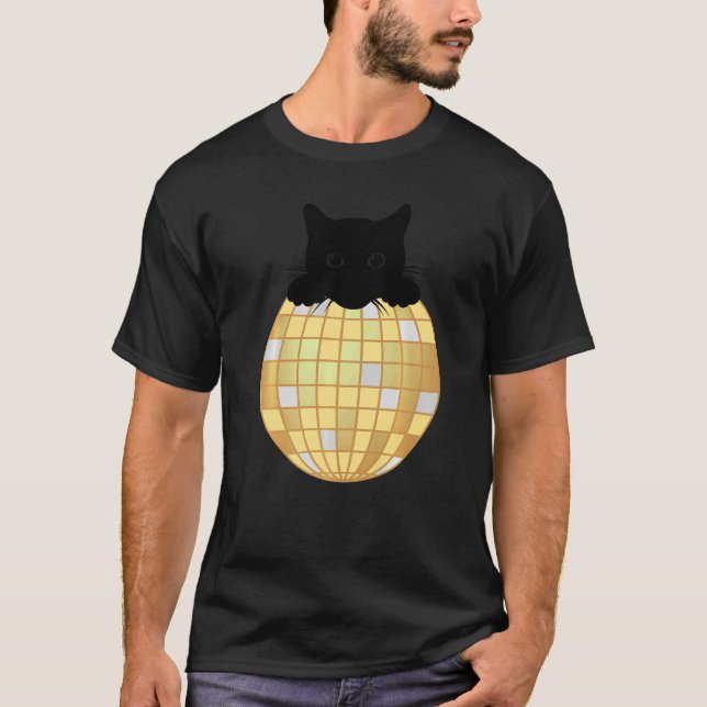 T-shirt Boule Disco Esthétique Argent Chat Noir Jaune Disc (Devant)