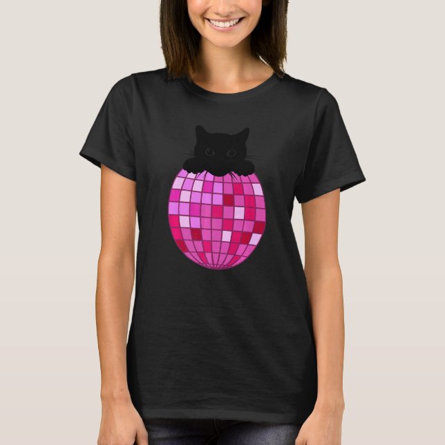 T-shirt Boule Disco Esthétique Chat Noir Rose Chaud Chat D (Devant)