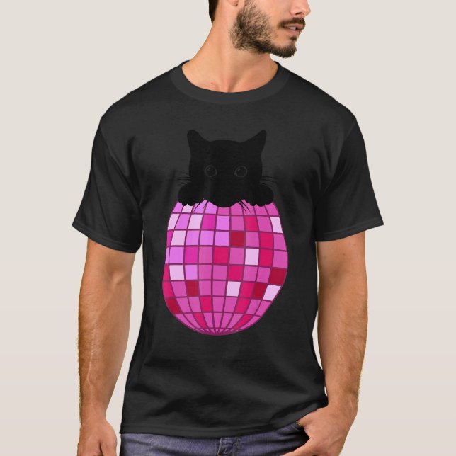 T-shirt Boule Disco Esthétique Rose Chaud Chat Noir Chat D (Devant)