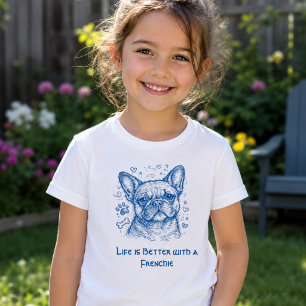 T-Shirt Bouledogue français bleu doodle ligne art frenchie