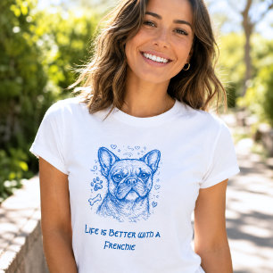 T-shirt Bouledogue français bleu doodle ligne art frenchie