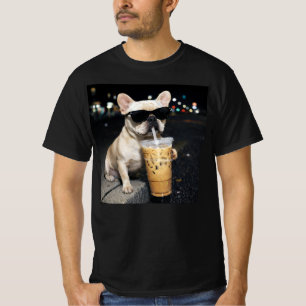 T-shirt   Bouledogue Français  Buvant du Café Glacé Humour