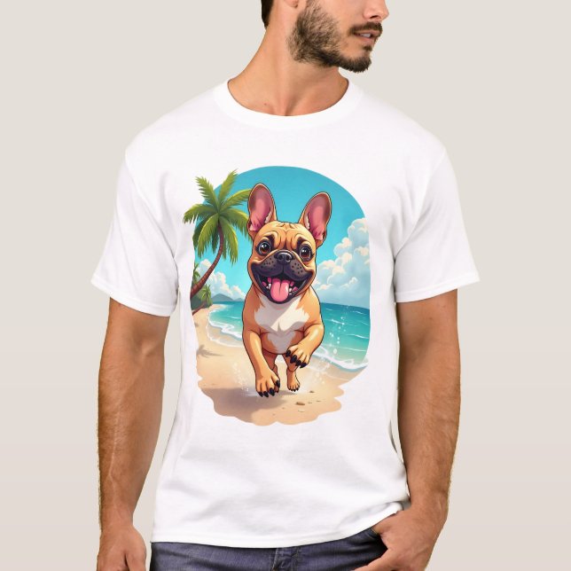 T-shirt Bouledogue français sur une plage (Devant)
