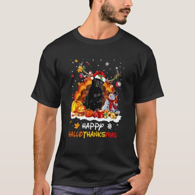 T-shirt Bouledogue noir Joyeux Hallothanksmas (Devant)