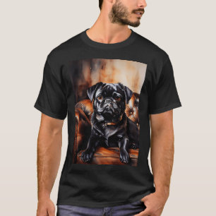 T-shirt Bouledogue noir se relaxant sur un canapé en cuir.