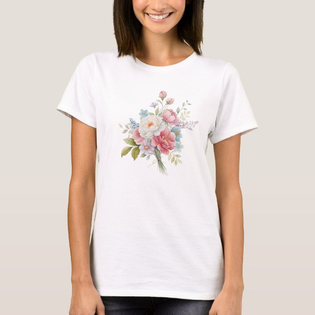T-shirt Bouquet d'aquarelle de pivoine rose et de fleur sa (Devant)