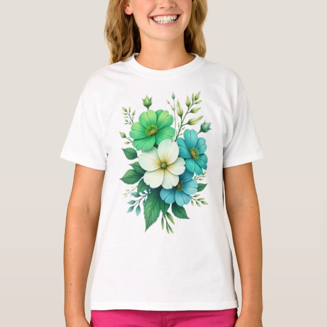 T-shirt Bouquet de fleurs blanches bleues-57453 (Devant)