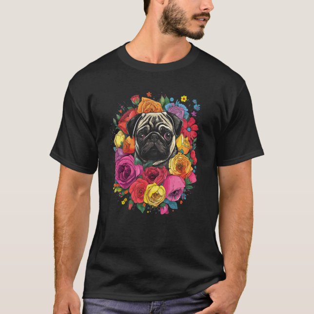 T-shirt Bouquet de fleurs de Pug adorable (Devant)